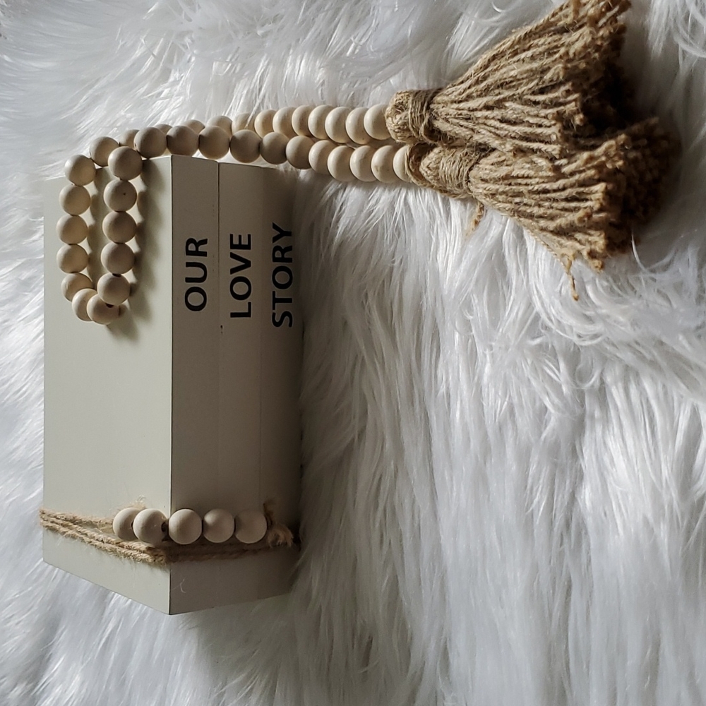 Set of decorative faux wooden books/boxes with strand of wooden beads!